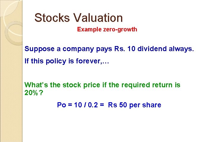 Stocks Valuation Example zero-growth Suppose a company pays Rs. 10 dividend always. If this