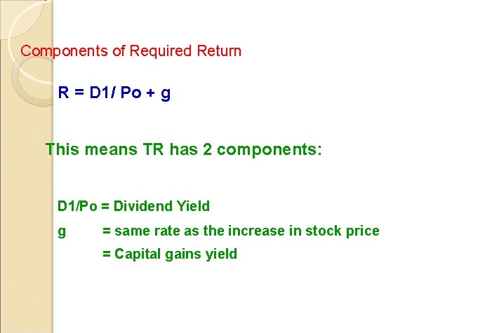 Components of Required Return R = D 1/ Po + g This means TR