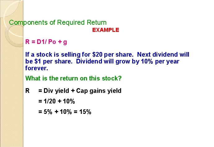 Components of Required Return EXAMPLE R = D 1/ Po + g If a