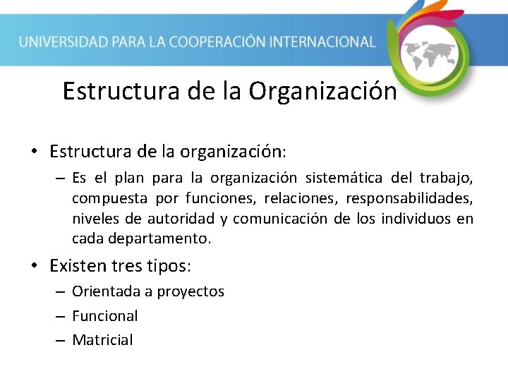 Estructura de la Organización • Estructura de la organización: – Es el plan para