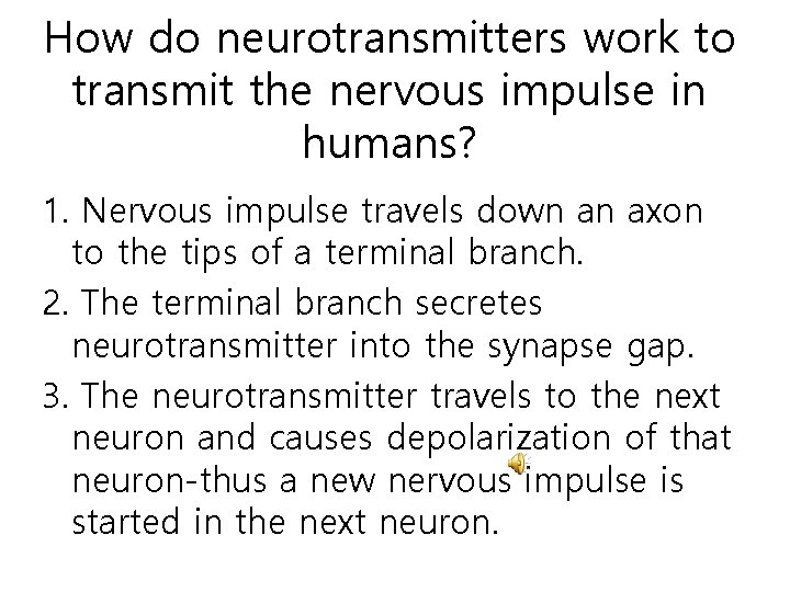 How do neurotransmitters work to transmit the nervous impulse in humans? 1. Nervous impulse