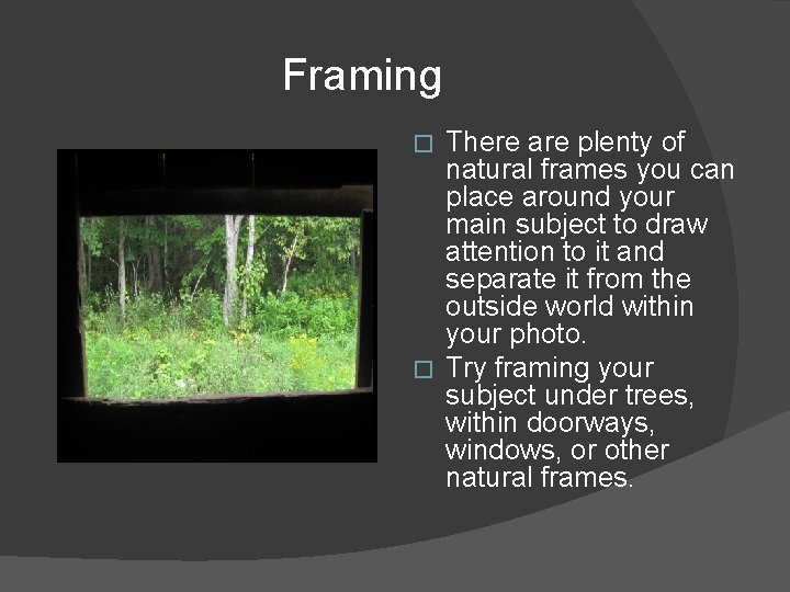 Framing There are plenty of natural frames you can place around your main subject Framing There are plenty of natural frames you can place around your main subject