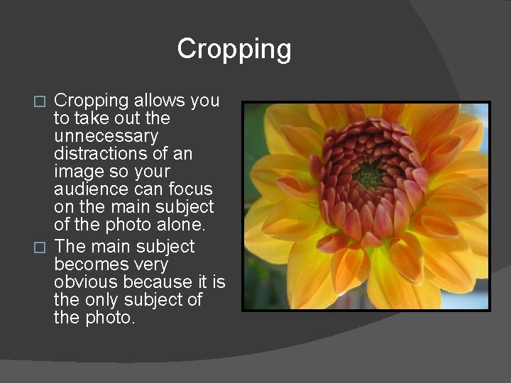 Cropping allows you to take out the unnecessary distractions of an image so your Cropping allows you to take out the unnecessary distractions of an image so your