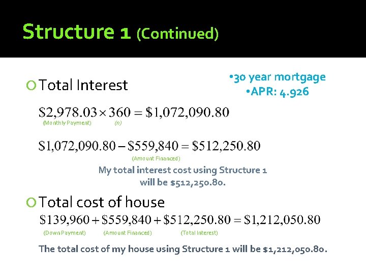 Structure 1 (Continued) • 30 year mortgage • APR: 4. 926 Total Interest (Monthly