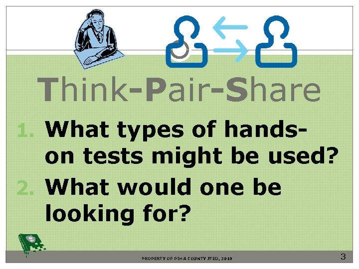 Think-Pair-Share 1. What types of hands- on tests might be used? 2. What would