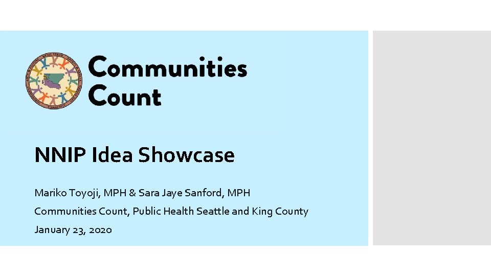 NNIP Idea Showcase Mariko Toyoji, MPH & Sara Jaye Sanford, MPH Communities Count, Public