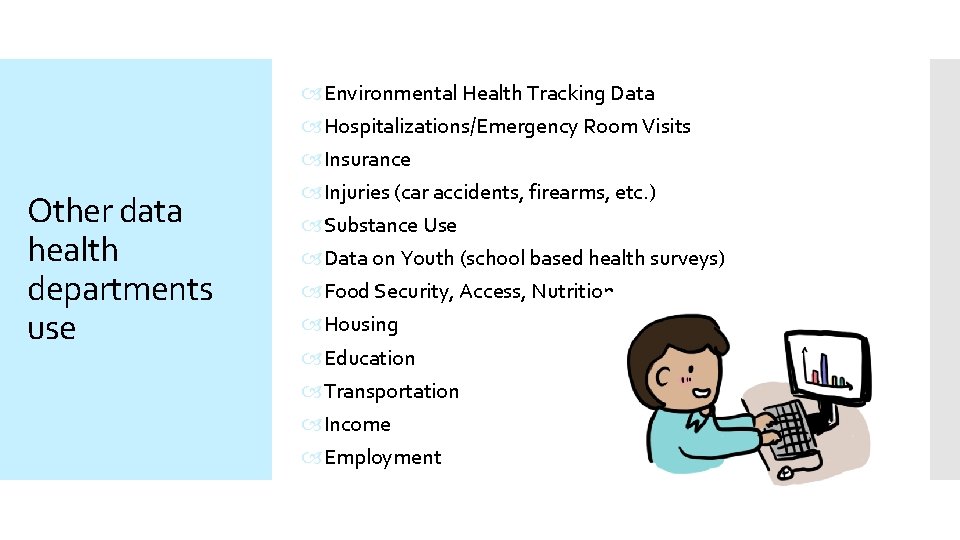 Other data health departments use Environmental Health Tracking Data Hospitalizations/Emergency Room Visits Insurance Injuries