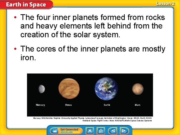  • The four inner planets formed from rocks and heavy elements left behind