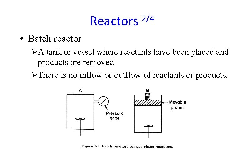Reactors 2/4 • Batch reactor ØA tank or vessel where reactants have been placed Reactors 2/4 • Batch reactor ØA tank or vessel where reactants have been placed