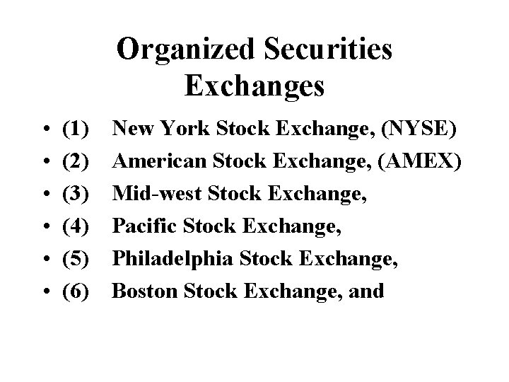 Organized Securities Exchanges • • • (1) New York Stock Exchange, (NYSE) (2) American Organized Securities Exchanges • • • (1) New York Stock Exchange, (NYSE) (2) American