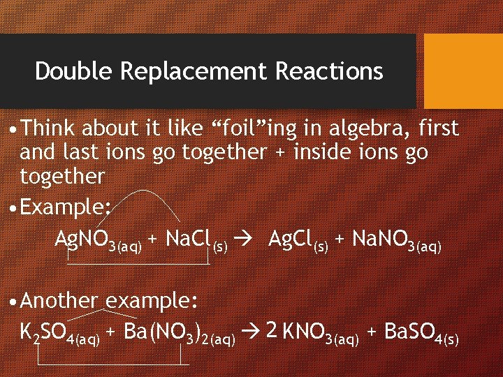 Double Replacement Reactions • Think about it like “foil”ing in algebra, first and last