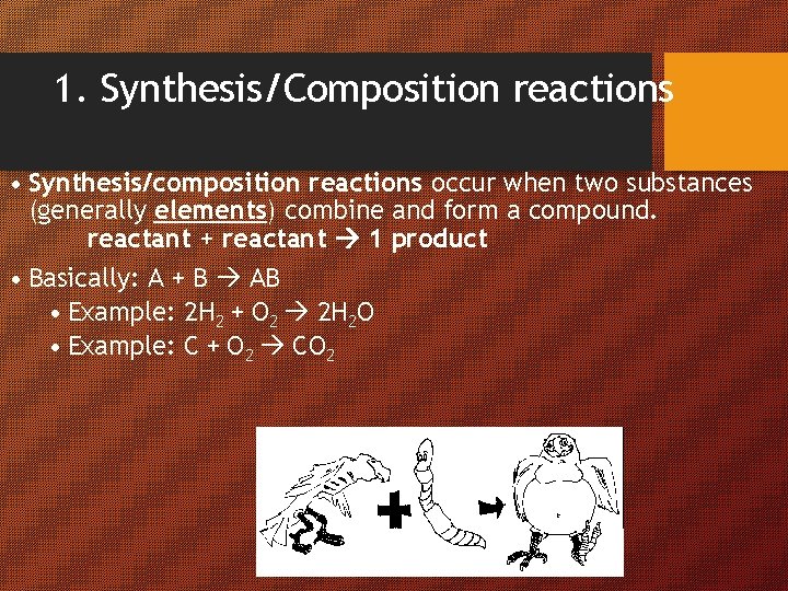 1. Synthesis/Composition reactions • Synthesis/composition reactions occur when two substances (generally elements) combine and