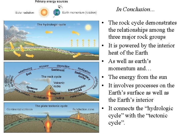 In Conclusion… • The rock cycle demonstrates the relationships among the three major rock