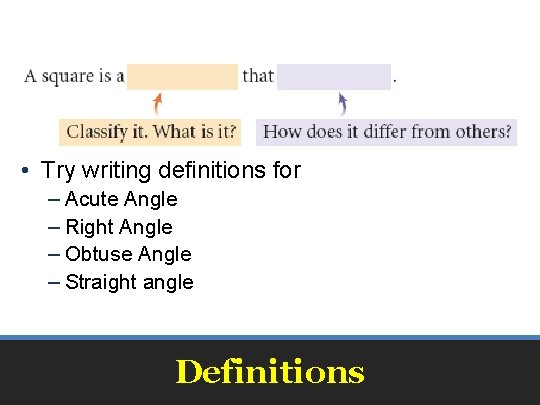  • Try writing definitions for – Acute Angle – Right Angle – Obtuse