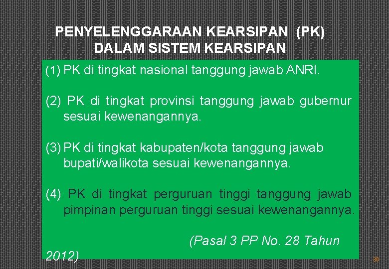 PENYELENGGARAAN KEARSIPAN (PK) DALAM SISTEM KEARSIPAN (1) PK di tingkat nasional tanggung jawab ANRI.