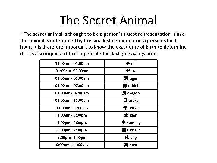 The Secret Animal • The secret animal is thought to be a person’s truest