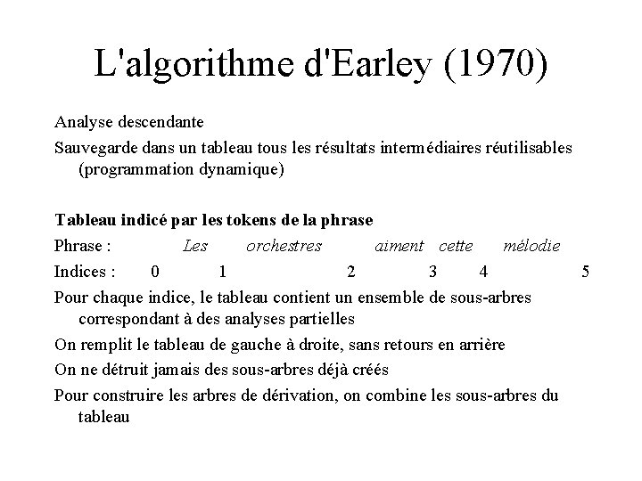 L'algorithme d'Earley (1970) Analyse descendante Sauvegarde dans un tableau tous les résultats intermédiaires réutilisables