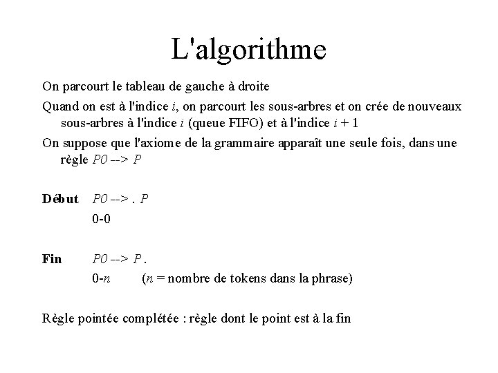 L'algorithme On parcourt le tableau de gauche à droite Quand on est à l'indice
