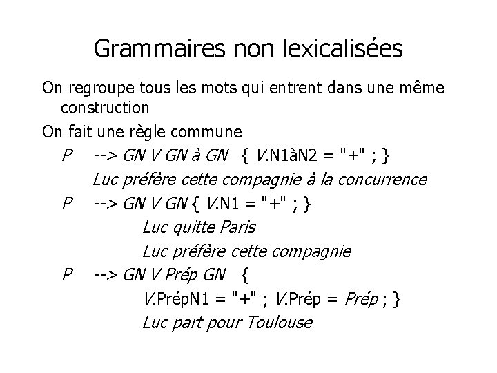 Grammaires non lexicalisées On regroupe tous les mots qui entrent dans une même construction