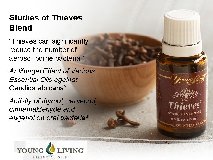 Studies of Thieves Blend “Thieves can significantly reduce the number of aerosol-borne bacteria”¹ Antifungal