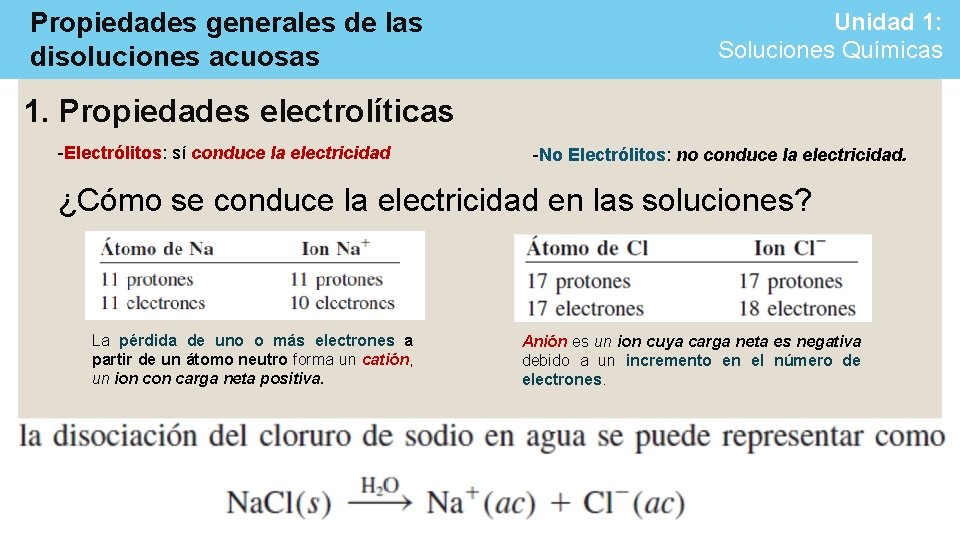 Propiedades generales de las disoluciones acuosas Unidad 1: Soluciones Químicas 1. Propiedades electrolíticas -Electrólitos: