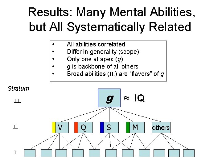 Results: Many Mental Abilities, but All Systematically Related • • • All abilities correlated