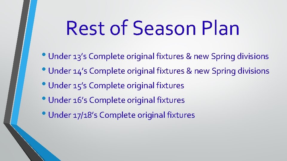 Rest of Season Plan • Under 13’s Complete original fixtures & new Spring divisions Rest of Season Plan • Under 13’s Complete original fixtures & new Spring divisions