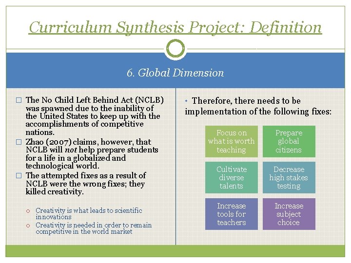 Curriculum Synthesis Project: Definition 6. Global Dimension � The No Child Left Behind Act