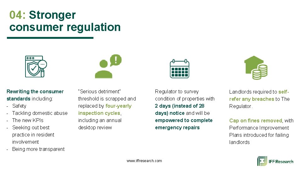 04: Stronger consumer regulation Rewriting the consumer standards including: - Safety - Tackling domestic