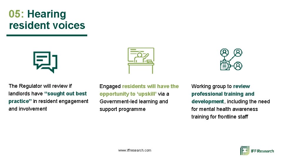 05: Hearing resident voices The Regulator will review if landlords have “sought out best