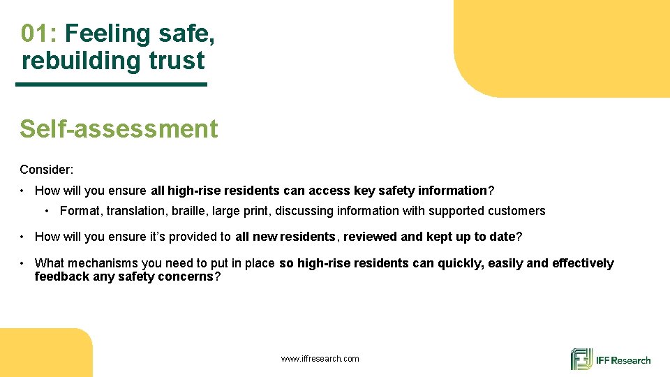 01: Feeling safe, rebuilding trust Self-assessment Consider: • How will you ensure all high-rise