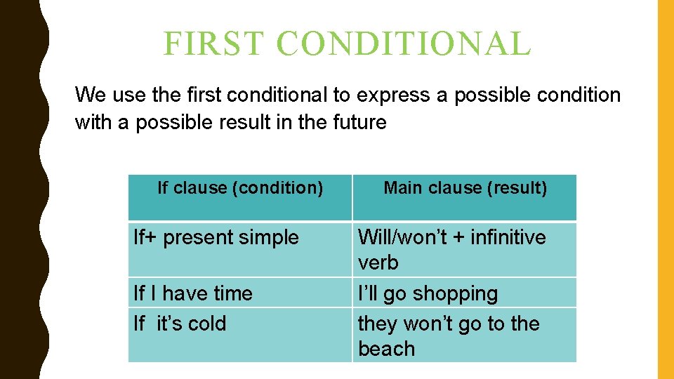 FIRST CONDITIONAL We use the first conditional to express a possible condition with a