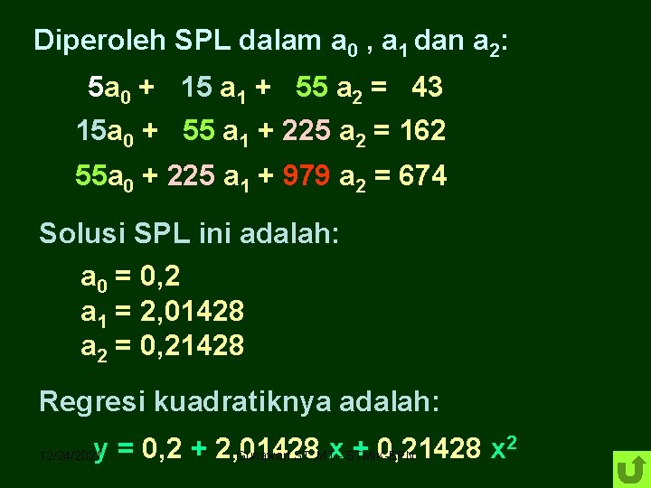 Diperoleh SPL dalam a 0 , a 1 dan a 2: 5 a 0