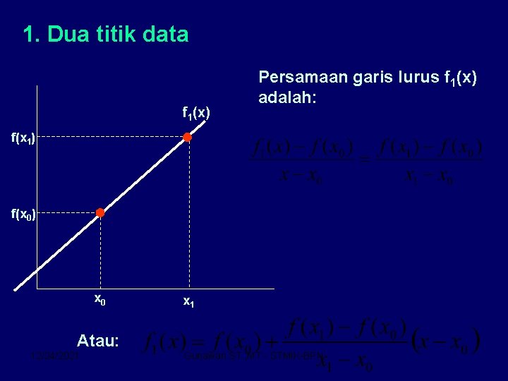 1. Dua titik data f 1(x) Persamaan garis lurus f 1(x) adalah: f(x 1)