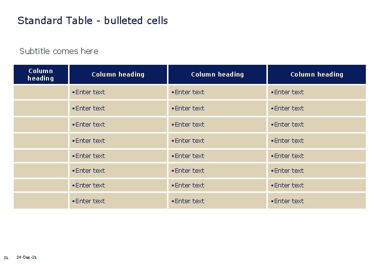 Standard Table - bulleted cells Subtitle comes here Column heading 31 24 -Dec-21 Column