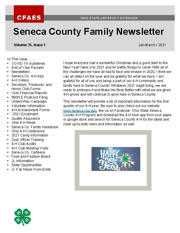 OHIO STATE UNIVERSITY EXTENSION Seneca County Family Newsletter Volume 31, Issue 1 In This
