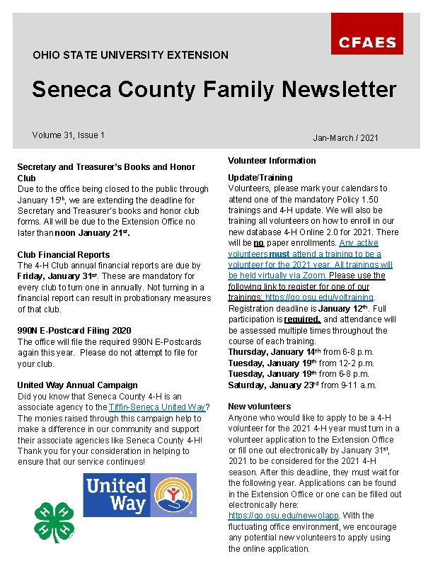 OHIO STATE UNIVERSITY EXTENSION Seneca County Family Newsletter Volume 31, Issue 1 Secretary and