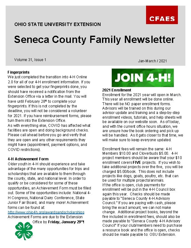 OHIO STATE UNIVERSITY EXTENSION Seneca County Family Newsletter Volume 31, Issue 1 Fingerprints We