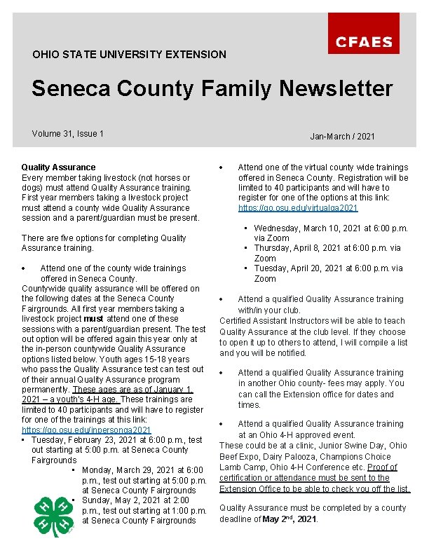 OHIO STATE UNIVERSITY EXTENSION Seneca County Family Newsletter Volume 31, Issue 1 Quality Assurance