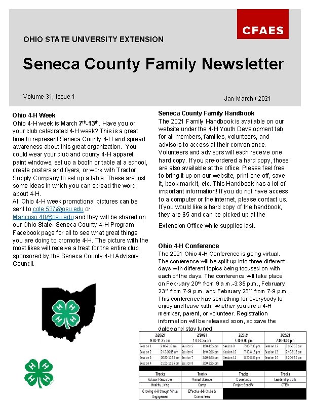 OHIO STATE UNIVERSITY EXTENSION Seneca County Family Newsletter Volume 31, Issue 1 Ohio 4