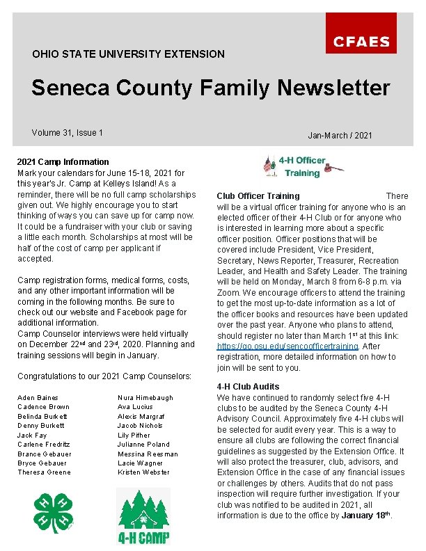 OHIO STATE UNIVERSITY EXTENSION Seneca County Family Newsletter Volume 31, Issue 1 Jan-March /