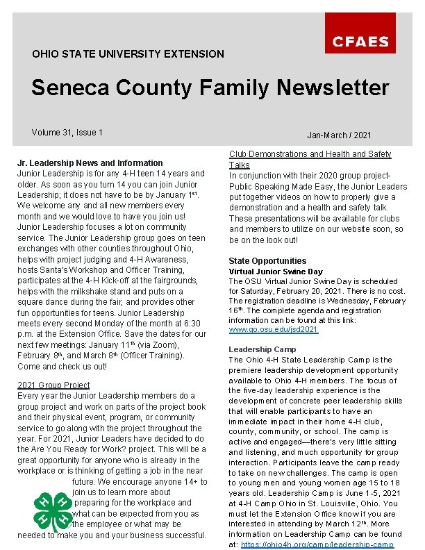 OHIO STATE UNIVERSITY EXTENSION Seneca County Family Newsletter Volume 31, Issue 1 Jr. Leadership