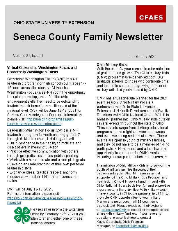 OHIO STATE UNIVERSITY EXTENSION Seneca County Family Newsletter Volume 31, Issue 1 Virtual Citizenship