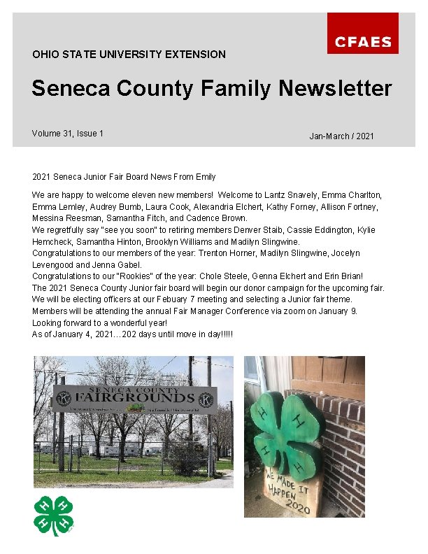 OHIO STATE UNIVERSITY EXTENSION Seneca County Family Newsletter Volume 31, Issue 1 Jan-March /