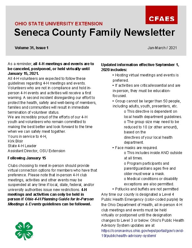 OHIO STATE UNIVERSITY EXTENSION Seneca County Family Newsletter Volume 31, Issue 1 As a