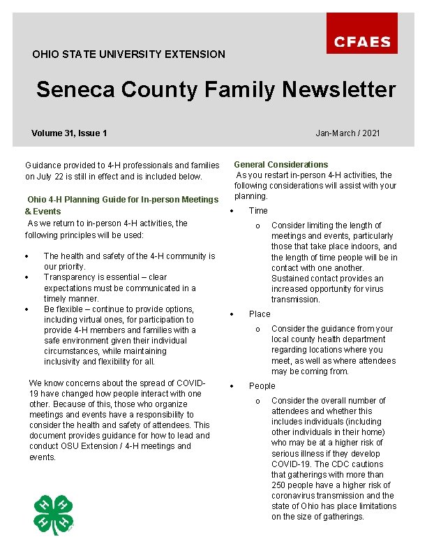 OHIO STATE UNIVERSITY EXTENSION Seneca County Family Newsletter Jan-March / 2021 Volume 31, Issue
