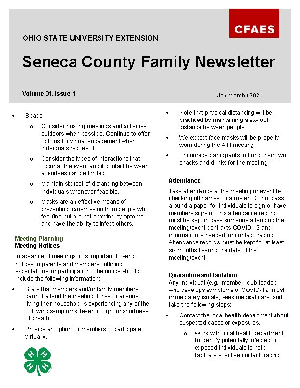 OHIO STATE UNIVERSITY EXTENSION Seneca County Family Newsletter Volume 31, Issue 1 Space o
