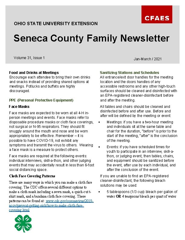 OHIO STATE UNIVERSITY EXTENSION Seneca County Family Newsletter Volume 31, Issue 1 Food and