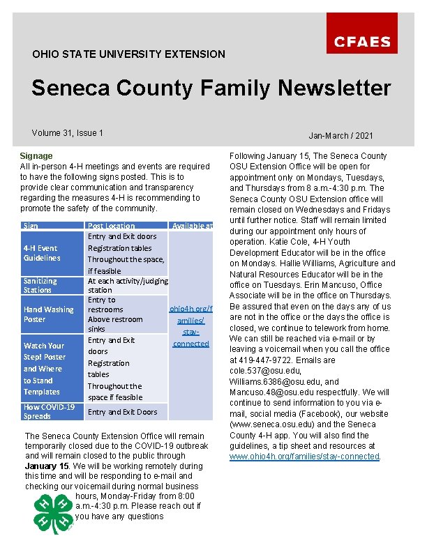 OHIO STATE UNIVERSITY EXTENSION Seneca County Family Newsletter Volume 31, Issue 1 Signage All