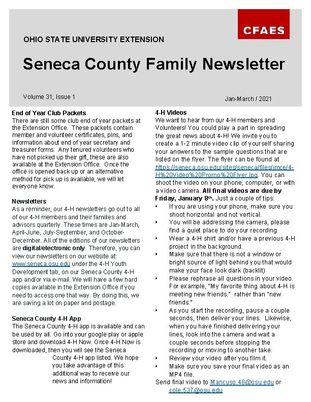 OHIO STATE UNIVERSITY EXTENSION Seneca County Family Newsletter Volume 31, Issue 1 End of